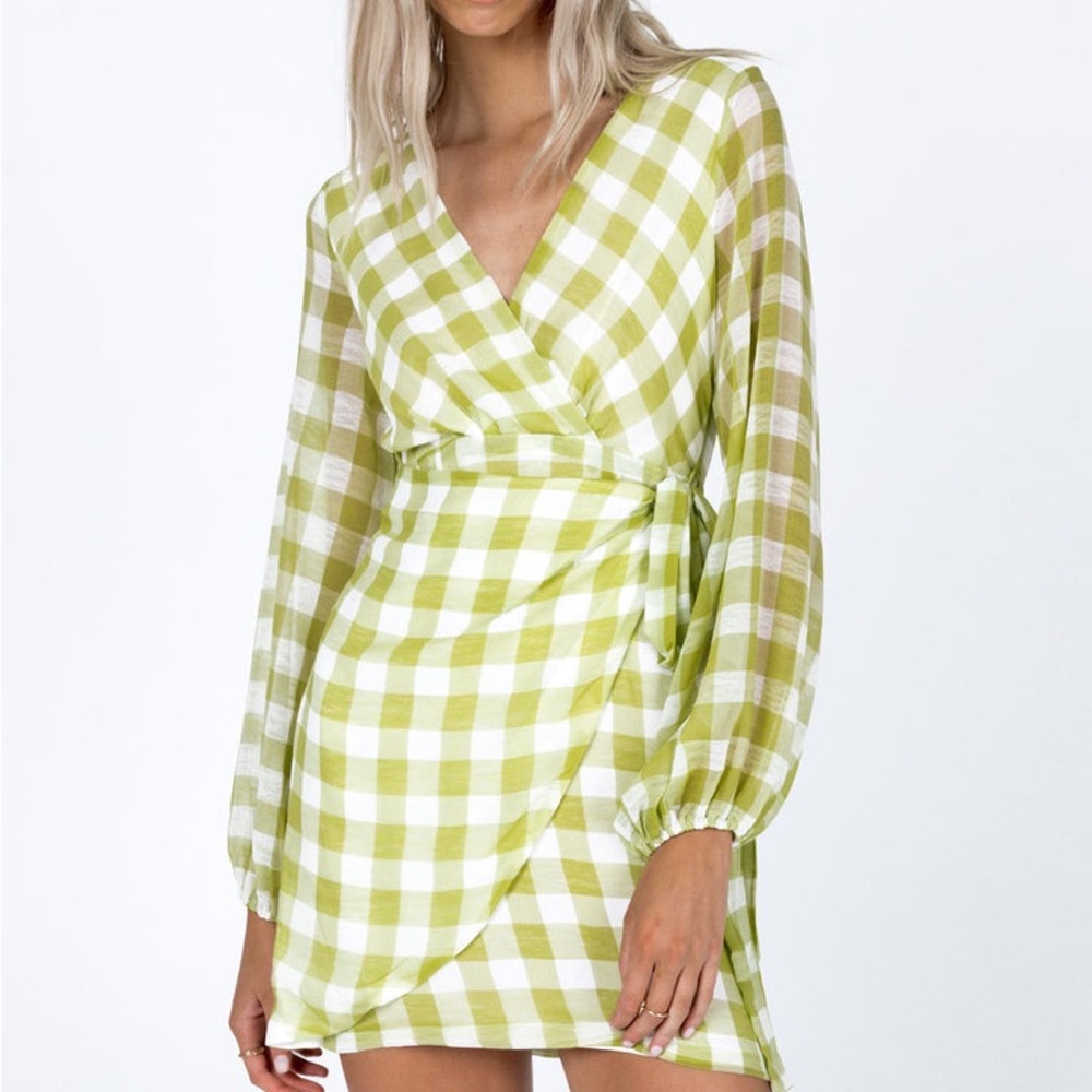 Princess Polly green plaid wrap mini dress
